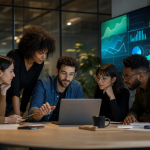 Equipe de startup de tecnologia analisando dados financeiros em uma sala moderna