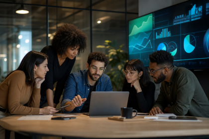 Equipe de startup de tecnologia analisando dados financeiros em uma sala moderna
