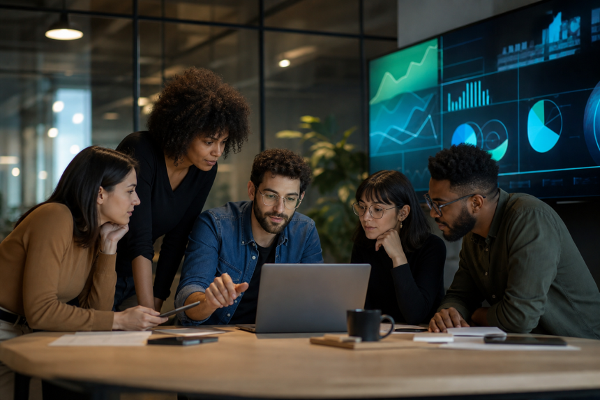 Equipe de startup de tecnologia analisando dados financeiros em uma sala moderna