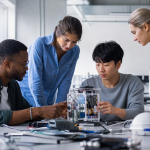 Empreendedores analisam um protótipo tecnológico em um laboratório de inovação nos Estados Unidos