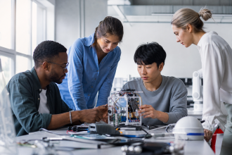 Empreendedores analisam um protótipo tecnológico em um laboratório de inovação nos Estados Unidos